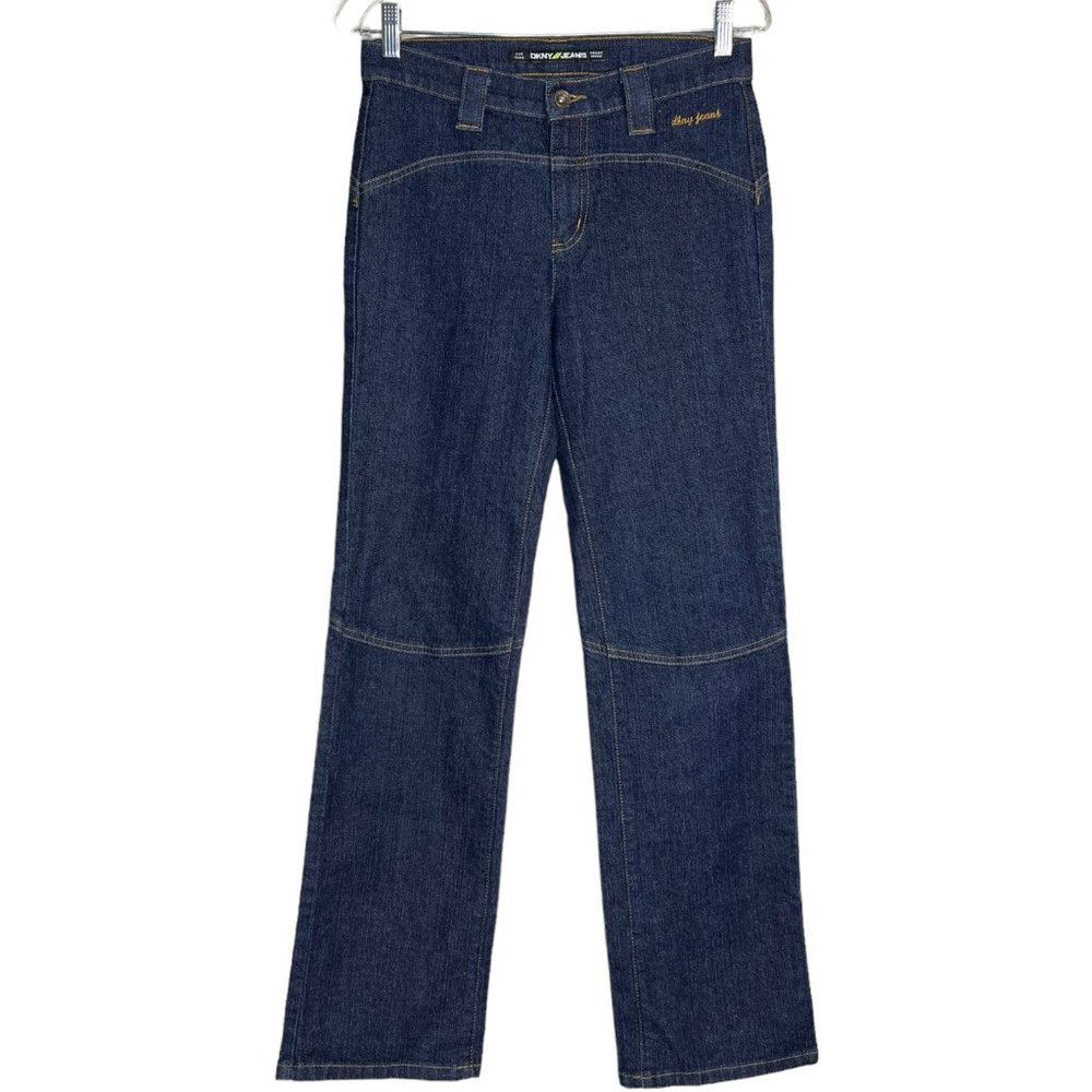 Y2K DKNY Pocketless Straight Leg Jeans Dark Wash Contrast Sticking Size 6 - Picture 2 of 5